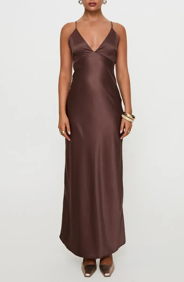 Flowy Slip V-Neck Thin Spaghetti Strap Satin Self Tie Open Back Floor-Length Maxi Evening Dress