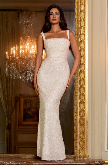 Form-Fitting Square Neck Sleeveless Sequin Floor Length Lace-Up Back Evening Dress