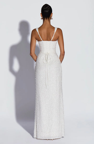 Form-Fitting Square Neck Sleeveless Sequin Floor Length Lace-Up Back Evening Dress