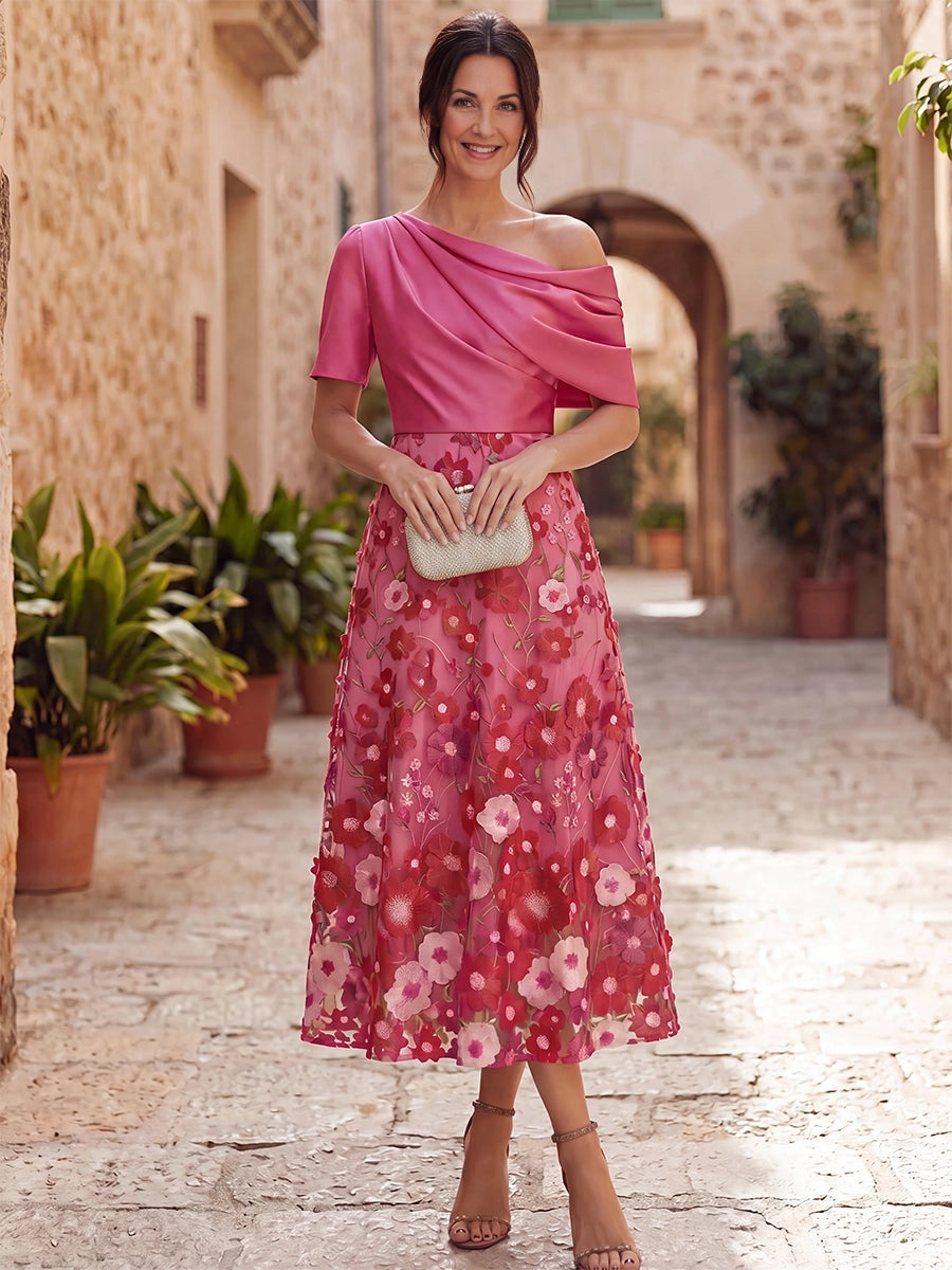 Vedress fuchsia off shoulder a line midi mother of the bride dress with 3d floral applique skirt,front and back view