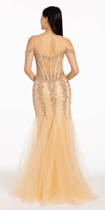 Elegant Mermaid Gown Off-The-Shoulder Sheer Back Tulle Floor-Length Formal Prom Dress