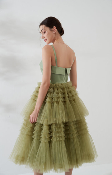 Elegant Spaghetti Strap Ruffle Satin Mesh Cocktail Party Dresses Wedding Events Mid-Calf Cake Dresses