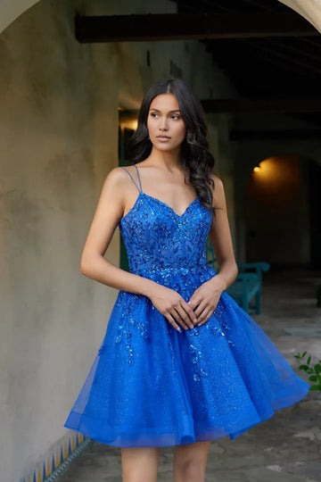 Glam A-Line Sweetheart SpaghettiStrap V Neck Tulle Mini Beaded Homecoming Dress