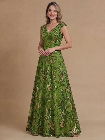 Vedress Green Sequin Floral V‑Neck Cap Sleeve Mother Of The Bride Dress Front View