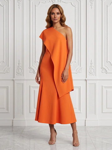vedress orange plus size wedding guest dress one shoulder ruffle mermaid midi gown with bead detail