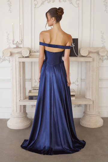 Glamorous A-Line Off-Shoulder Sleeveless Satin Maxi Pleated Corset Bodice Prom Gown