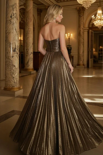 Glamorous A Line Strapless Metallic Floor Length Pleated Evening Maxi Dress