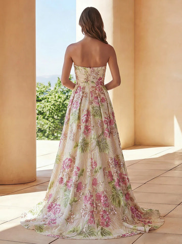 Vestido de fiesta de gala glamuroso con lentejuelas sin tirantes de corte A para invitada de boda