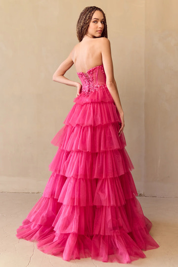Deslumbrante vestido de noche formal con corte en A, sin tirantes, de tul, largo hasta el suelo y con abertura, para fiesta de graduación.