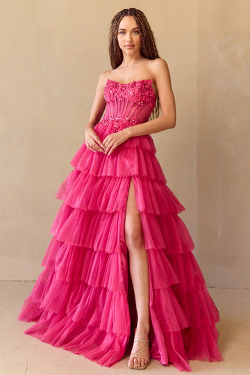 Deslumbrante vestido de noche formal con corte en A, sin tirantes, de tul, largo hasta el suelo y con abertura, para fiesta de graduación.