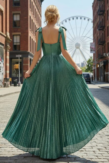 Glamorous A Line Sweetheart Neck Metallic Floor Length Pleated Bow Maxi Dress