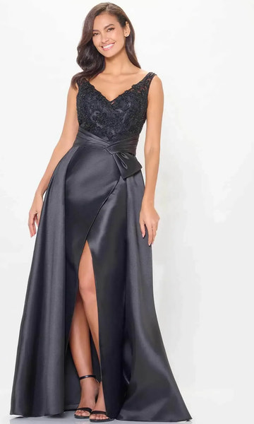 Glamorous A-Line V-Neck Lace Satin Floor Length Bow Accent Evening Gown