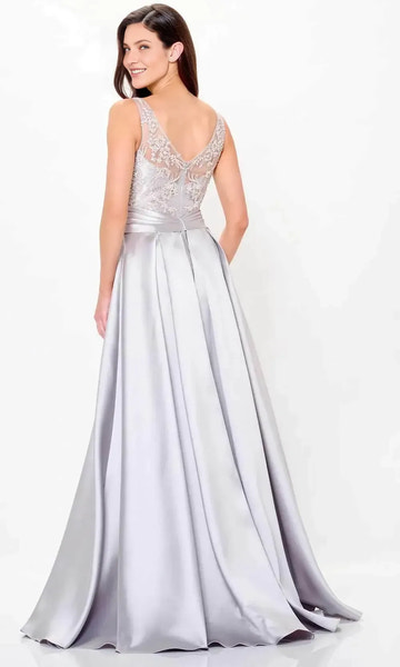 Glamorous A-Line V-Neck Lace Satin Floor Length Bow Accent Evening Gown