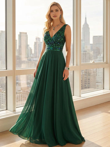 Vedress emerald green sequin bodice sleeveless v‑back a‑line long bridesmaid dress front and back view