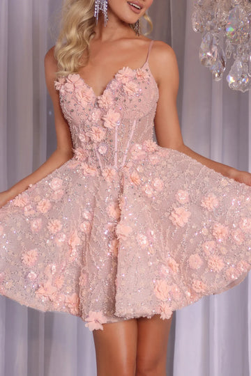 Glamorous A-line Corset Spaghetti Strap Tulle Mini 3D Floral Homecoming Dress