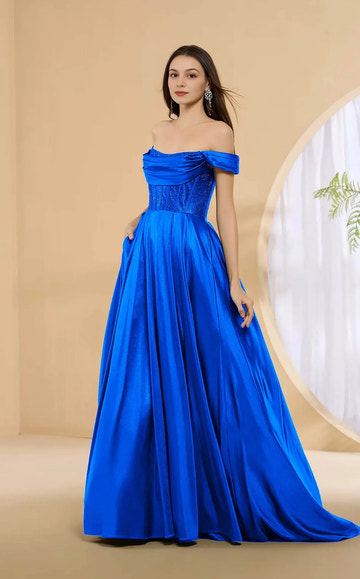 Glamorous A-line Off Shoulder Satin Floor Length Corset Pocket Evening Dress