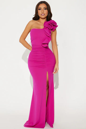 Glamorous Mermaid One-Shoulder Crepe Maxi Ruffled Evening Gown