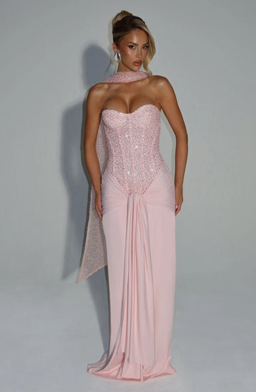 Glamorous Mermaid Sweetheart Beaded Maxi Gown Prom Dress With Scarf