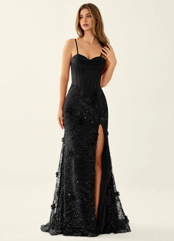 Glamorous Fitted Sweetheart Lace Maxi Slit Corset Gown Beaded Prom Dress
