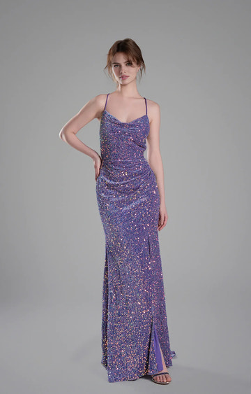 Glamorous Mermaid Cowl Neck Sleeveless Sequin Floor Length Crisscross Back Slit Evening Dress