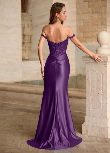 Glamorous Mermaid Off-The-Shoulder Sequin Satin Slit Evening Gown