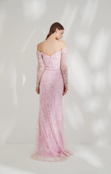 Glamorous Mermaid Off-shoulder Long-sleeve Tulle Floor-length Beaded Slit Evening Gown