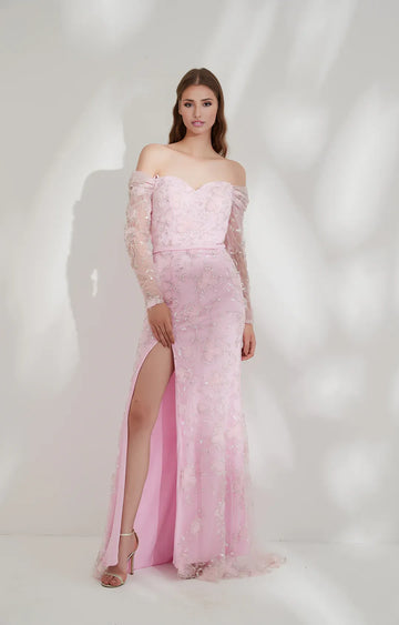 Glamorous Mermaid Off-shoulder Long-sleeve Tulle Floor-length Beaded Slit Evening Gown