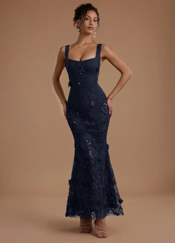 Glamorous Mermaid Square Sleeveless Tulle Evening Dress FloorLaceUp 3DApplique Prom Dress