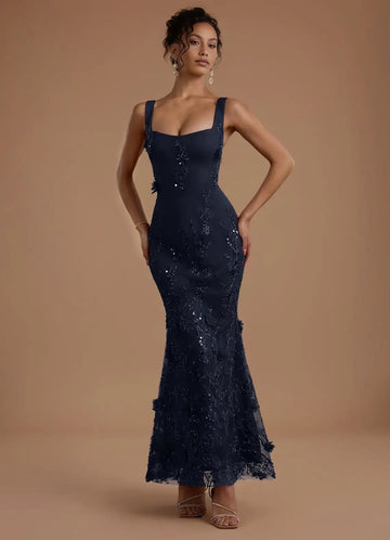 Glamorous Mermaid Square Sleeveless Tulle Evening Dress FloorLaceUp 3DApplique Prom Dress