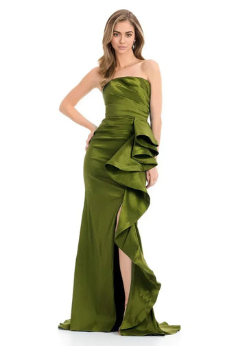 Glamorous Mermaid Strapless Satin Maxi Ruffle Evening Dress