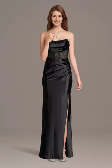Glamorous Mermaid Strapless Sleeveless Satin Long Corset Evening Dress
