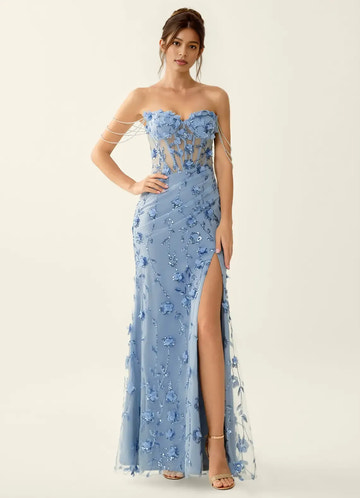 Glamorous Mermaid Strapless Tulle Maxi Formal Corset Prom Dress with Beaded Chain