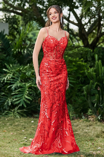 Glamorous Mermaid Sweetheart Spaghetti Tulle Sheer Bodice Long Sequin Prom Dress