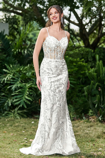 Glamorous Mermaid Sweetheart Spaghetti Tulle Sheer Bodice Long Sequin Prom Dress