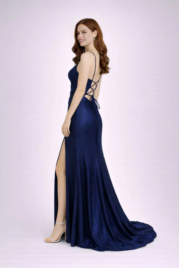 Glamorous Mermaid V Neck Glitter Floor Length LaceUp Slit Evening Gown