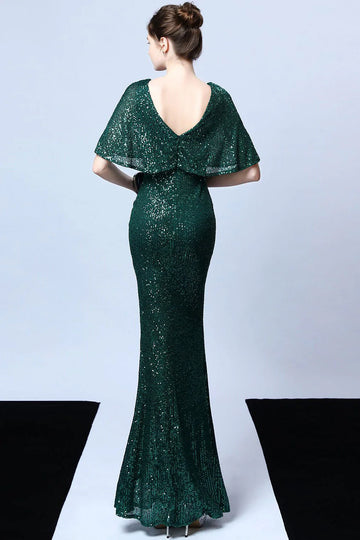 Glamorous Mermaid Vneck Sequin Maxi Cape Sleeve Evening Gown