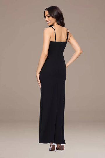 Glamorous Sheath Plunge Spaghetti Crepe Long Beaded Evening Dress