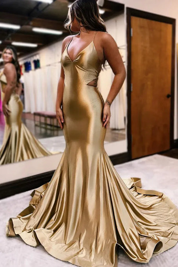 Glamorous Mermaid Deep V-Neck Spaghetti Strap Satin Crisscross Lace-Up Back Side Cutout Floor-Length Evening Gown