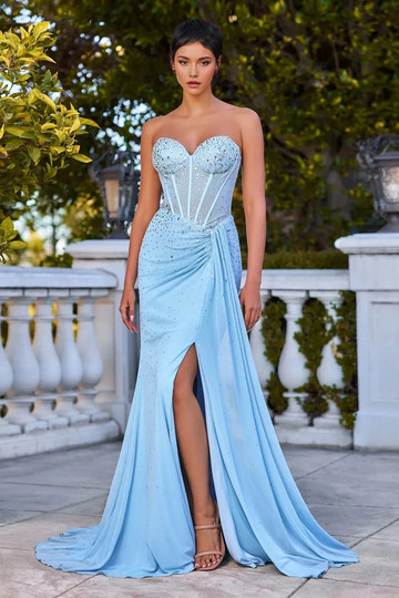Glamorous Mermaid Strapless Sleeveless Satin Rhinestone Corset Ruched High Slit Evening Gown