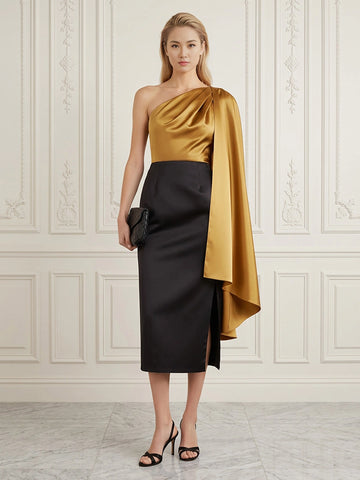 vedress gold black color block satin midi wedding guest dress one shoulder cape sash high slit sheath gown