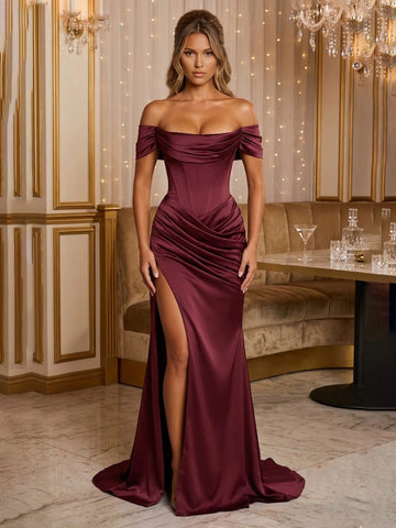 vedress burgundy satin mermaid prom dress off‑shoulder corset bodice high slit evening gown