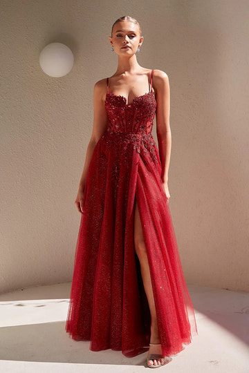 Glamorous Glitter A-Line Spaghetti Strap Lace Up Slit Formal Prom Dress
