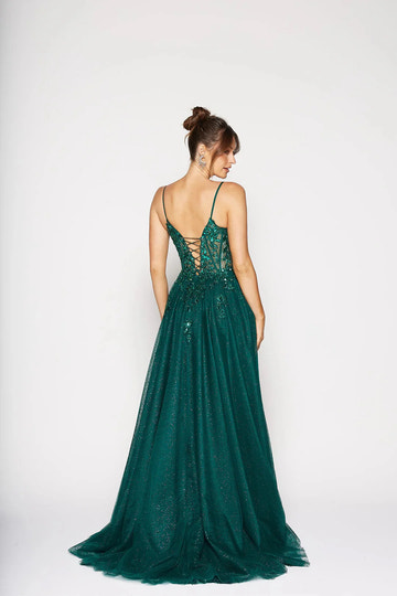 Glamorous Glitter A-Line Spaghetti Strap Lace Up Slit Formal Prom Dress