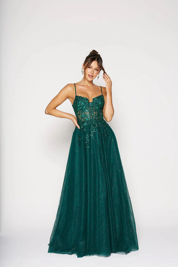 Glamuroso Vestido de Fiesta Formal con Abertura, Tirantes Finos y Espalda Cruzada con Cordones, en Línea A, con Purpurina