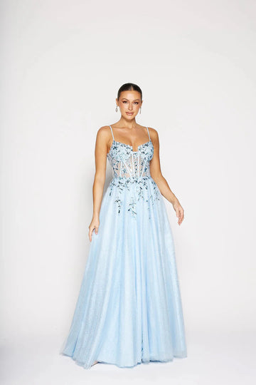 Glamorous Glitter A-Line Spaghetti Strap Lace Up Slit Formal Prom Dress