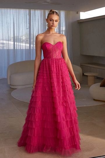 Vestido de fiesta formal con corsé de tul escalonado sin tirantes en línea A con brillos