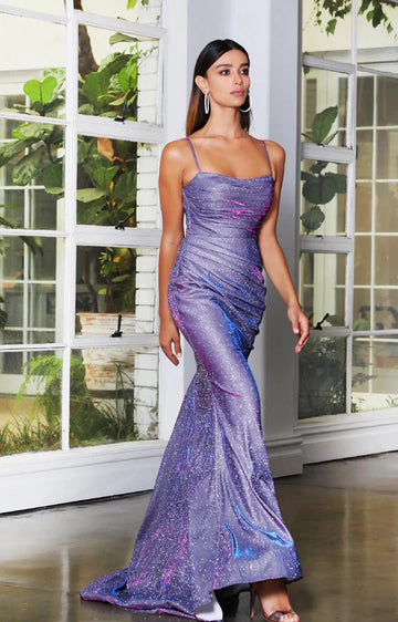 Glitter Mermaid Spaghetti Strap Ruched Backless Maxi Evening Dress