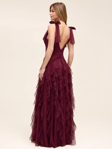 Glitter Tulle A-Line V-Neck Ruffle Tiered Backless Maxi Prom Dress