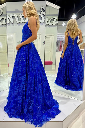 Vestido de fiesta largo sin mangas con cuello en V, línea A, encaje con brillos y cordones