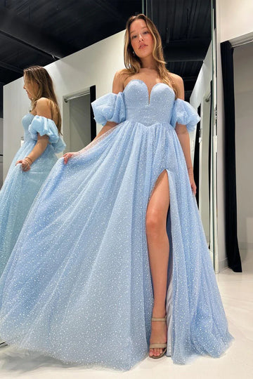 Glitter Tulle A-Line Sweetheart Off-The-Shoulder Puff Short Sleeve High Slit Floor Length Prom Evening Gown
